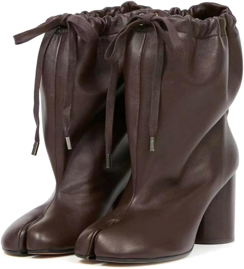 Betastella Womens Tabi Boots Split Toe Ankle Boots Lace Up Wide Calf Booties Chunky Block Heel Fashion Shoes