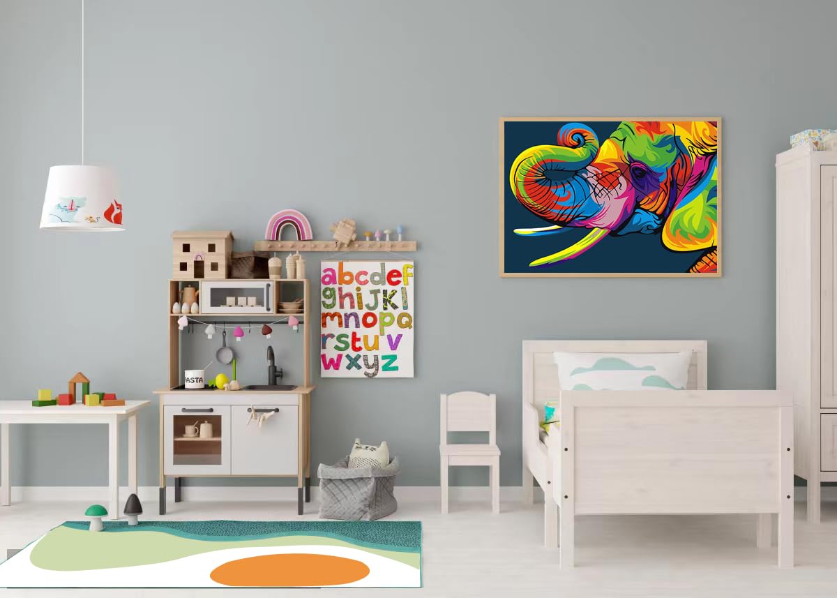 Malen Nach Zahlen für Kinder, Erwachsene und Anfänger, DIY Malen Nach Zahlen Tiere für Mädchen und Jungen, Bunter Elefant 30 x 40 Zentimeter, Mit Rahmen - Kinder über 6 Jahre