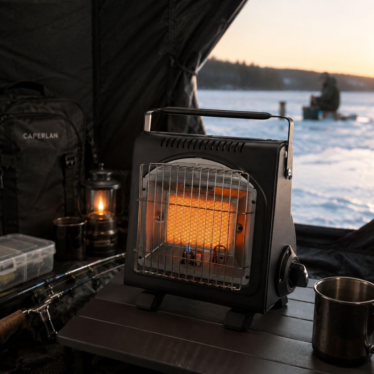 Intec – Calentador de gas portátil 1700 W + 12 cartuchos de gas encendido Piezo Thermopar ODS Camping Pesca