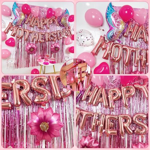 Image of Mothers Day Decorations,63PCS Happy Mothers Day Balloons and Flower Heart Balloons,Fringe Curtains,Best Mom Ever Honeycomb Centerpieces for Girls Women Mom Party Supplies Celebrating Ladies Decor