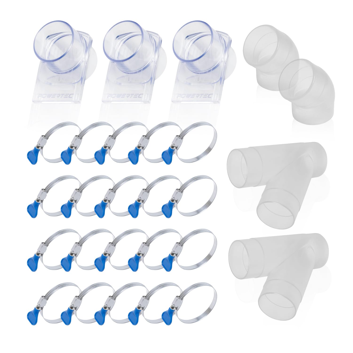 POWERTEC 70374 Staubsammelarmatur-Set mit transparenten Anschlüssen, Strahltoren und Edelstahl-Schlauchschellen für 3-Maschinen-Setup, Staubsammelsystem für Staubsammelschlauch (70374)