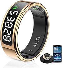 LCD Display Smart Ring - Sleep Tracker Touch Control Ring with Heart Rate/Blood Oxygen/Step Counter, Wireless Charging Doc