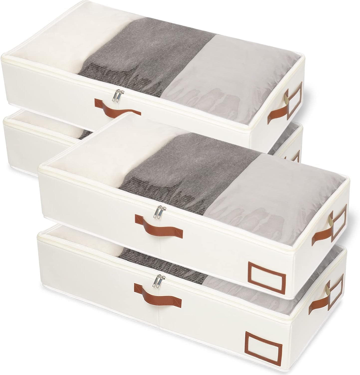 Yawinhe Contenedores de almacenamiento debajo de la cama, paquete de 4 organizadores de ropa debajo de la cama con cremallera resistente, ventana