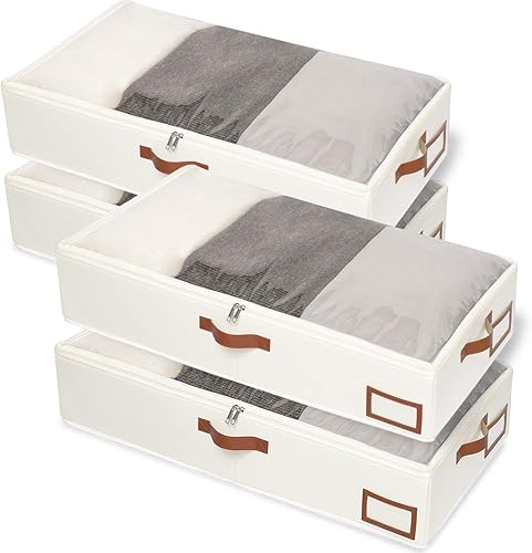Yawinhe Contenedores de almacenamiento debajo de la cama, paquete de 4 organizadores de ropa debajo de la cama con cremallera resistente, ventana
