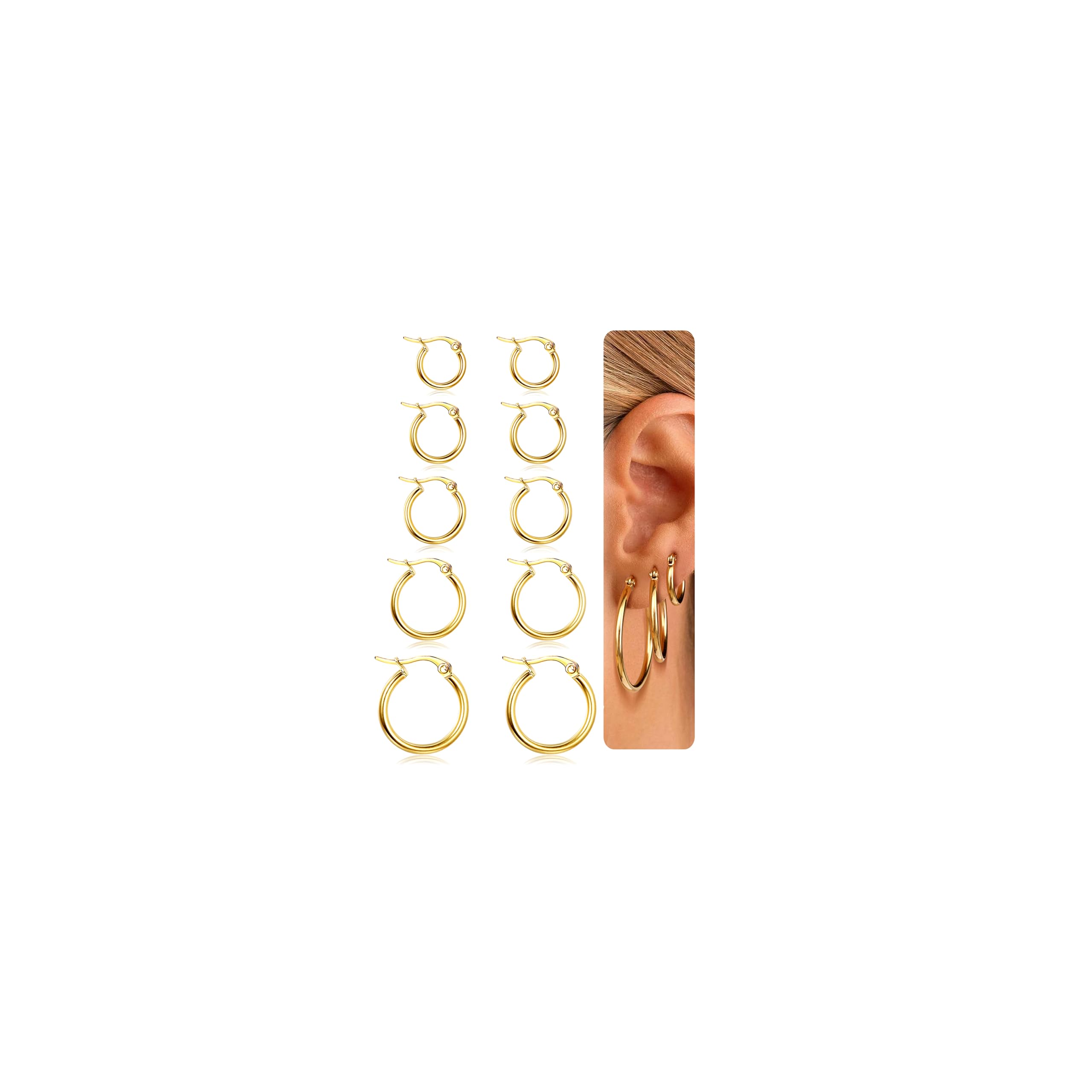 Besteel 5-10 Pairs Stainless Steel Small Hoop Earrings Clasp Gold Plated Hoop Rounded Earrings Set for Women Men Nickel Free