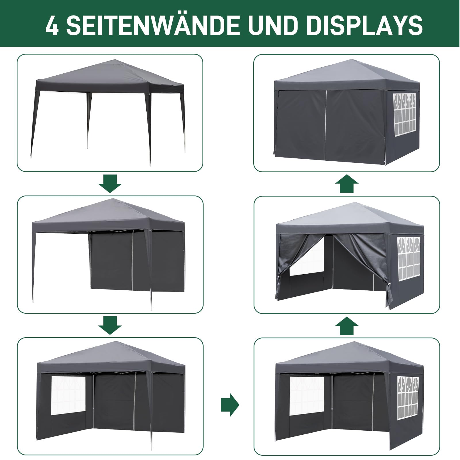 LEADZM 3x3m Tonnelle de Jardin Pliable Pop-up Barnum Gris Foncé | Réglable en Hauteur, Imperméable,Protection UV 50+,avec 4 Côtés,Cadres en Acier,Convient pour la Fête, l'extérieur,Patio