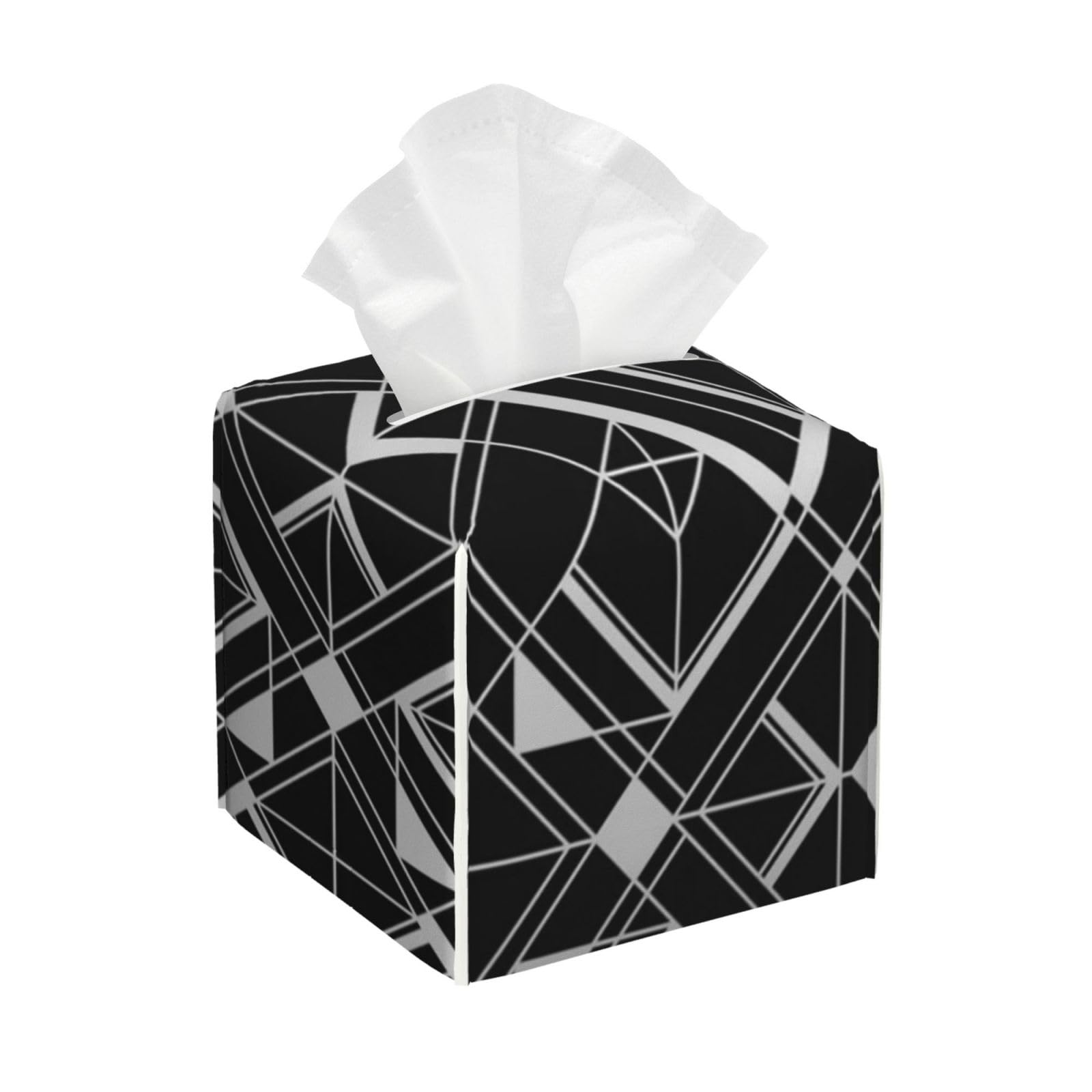 Geometric Square Pattern Tissue Box Cover 5" Square Leather Tissue Holder Facial Tissue Case for Tabletop Bedroom Bathroom Desk Decor
