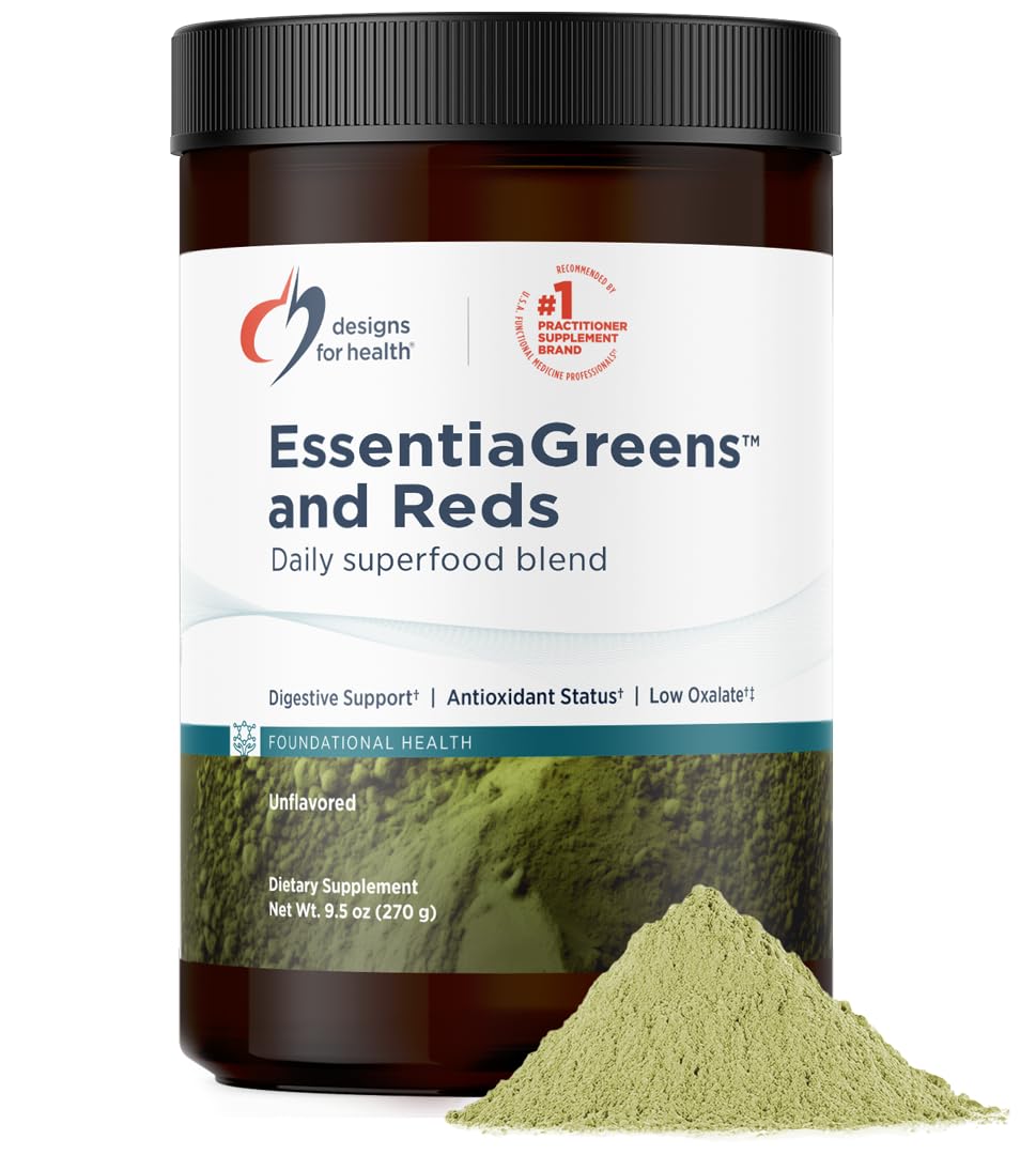 Designs for Health EssentiaGreens and Reds Unflavored 30 Servings Vegan Superfood Powder with Spirulina Kale Apple More for