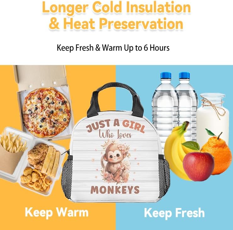 Miniatura 6 de Lonchera con diseño de mono para niñas y niños, pequeñas bolsas de almuerzo aisladas, bonita lonchera reutilizable para niños, color blanco,