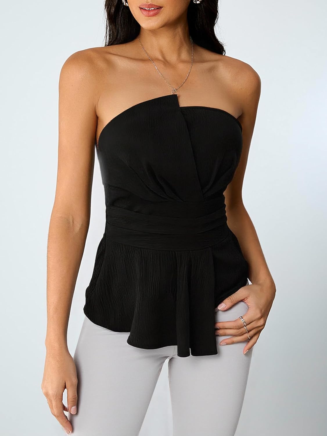 Women's Elegant Peplum Tube Top Summer Strapless Asymmetrical Evening Party Cocktail Tops - Image 3