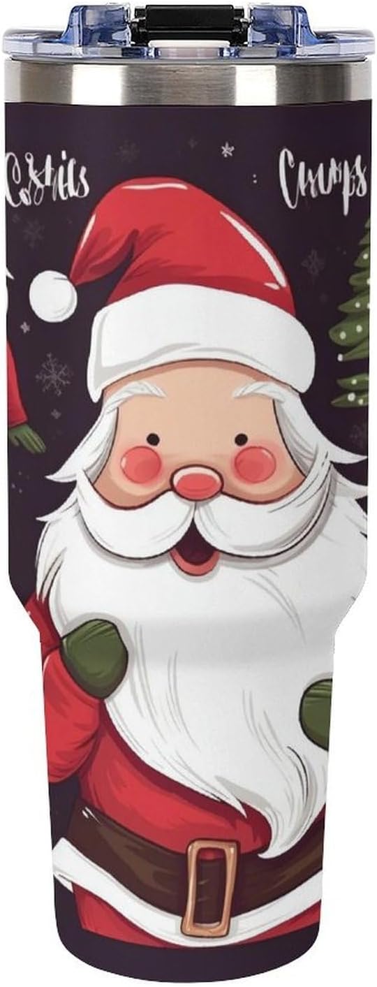 Christmas Santa Claus Travel Coffee Mug Reusable Durable Stainless Steel Insulated Tumbler with Handle And Straw Leak Resistant Portable Thermal Cup Gifts for Men Women 40 Oz