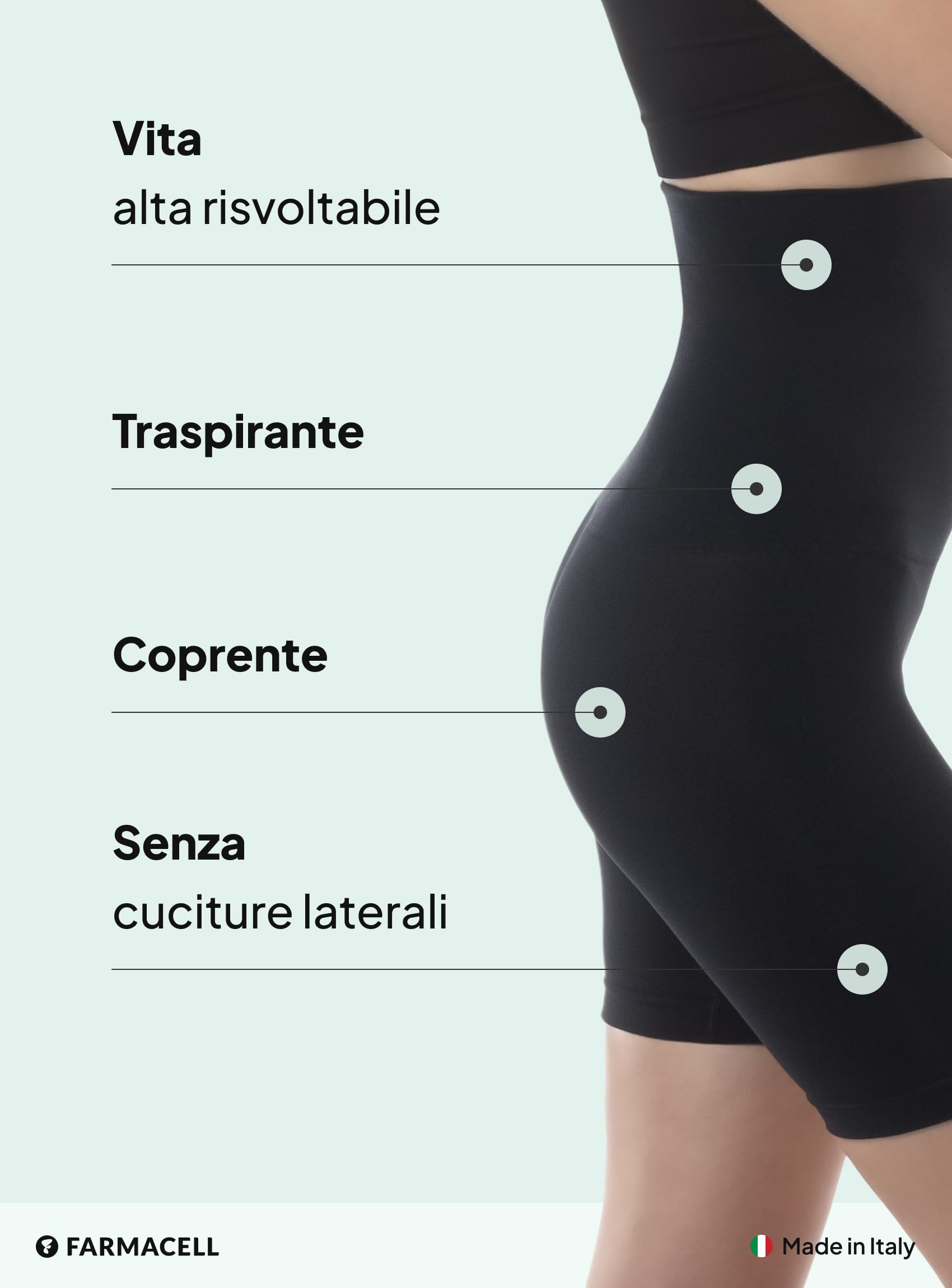 FarmaCell Guaina Contenitiva Donna Anticellulite a Vita Alta Risvoltabile, Intimo Modellante con Effetto Fir, Made in Italy, 603Y