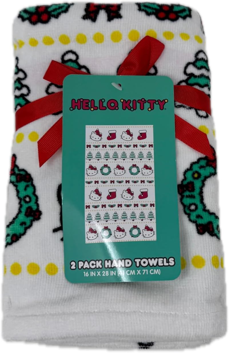 Jay Franco & Sons, Inc. Hello Kitty Christmas Hand Towels, Pack of 2 (Pale Blush Pink - Red Hats, Red Bows, Green Trees, Pink Gifts)
