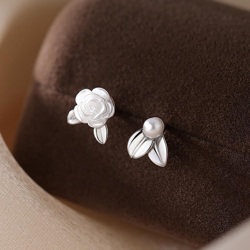 Solid 925 Sterling Silver Rose Stud Earrings Flower for Women Teens Leaf Stud Earrings Flower Hypoallergenic - Image 4
