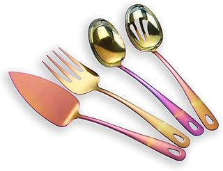 Berglander Stal nierdzewna kolorowe tytanowe sztućce zestaw do serwowania 4 szt., serwer do ciasta mięsa na zimno widelec do podawania łyżka łyżka do serwowania, kolor tęczy (błyszcząca, tęczowa)