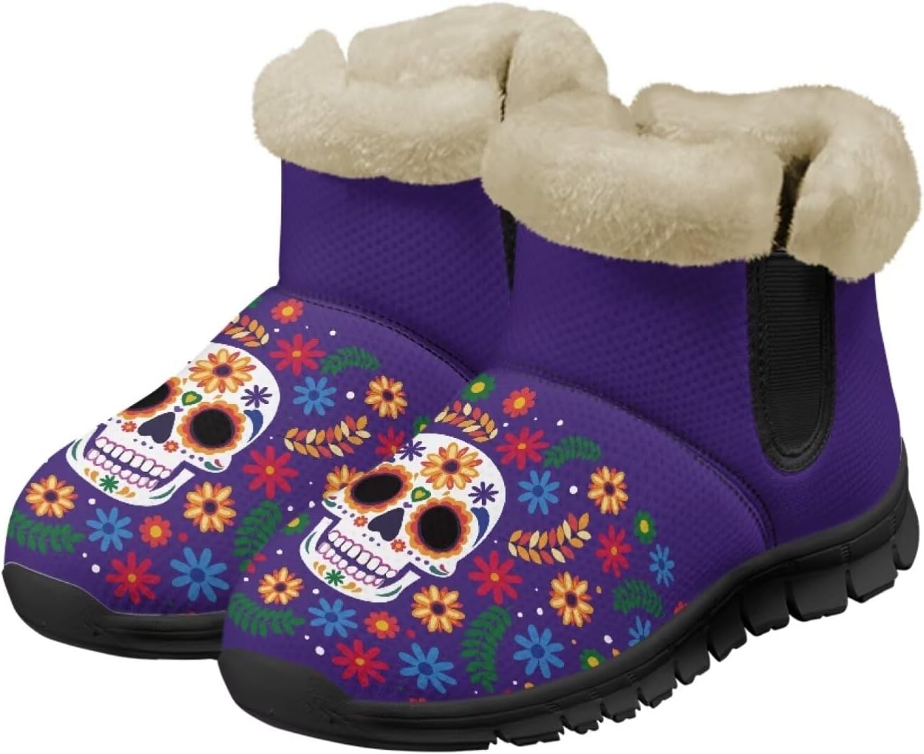 Sugar Skull Women's Snow Boots Flowers Fluffy Thickening Shoes Ladies Non Slip
