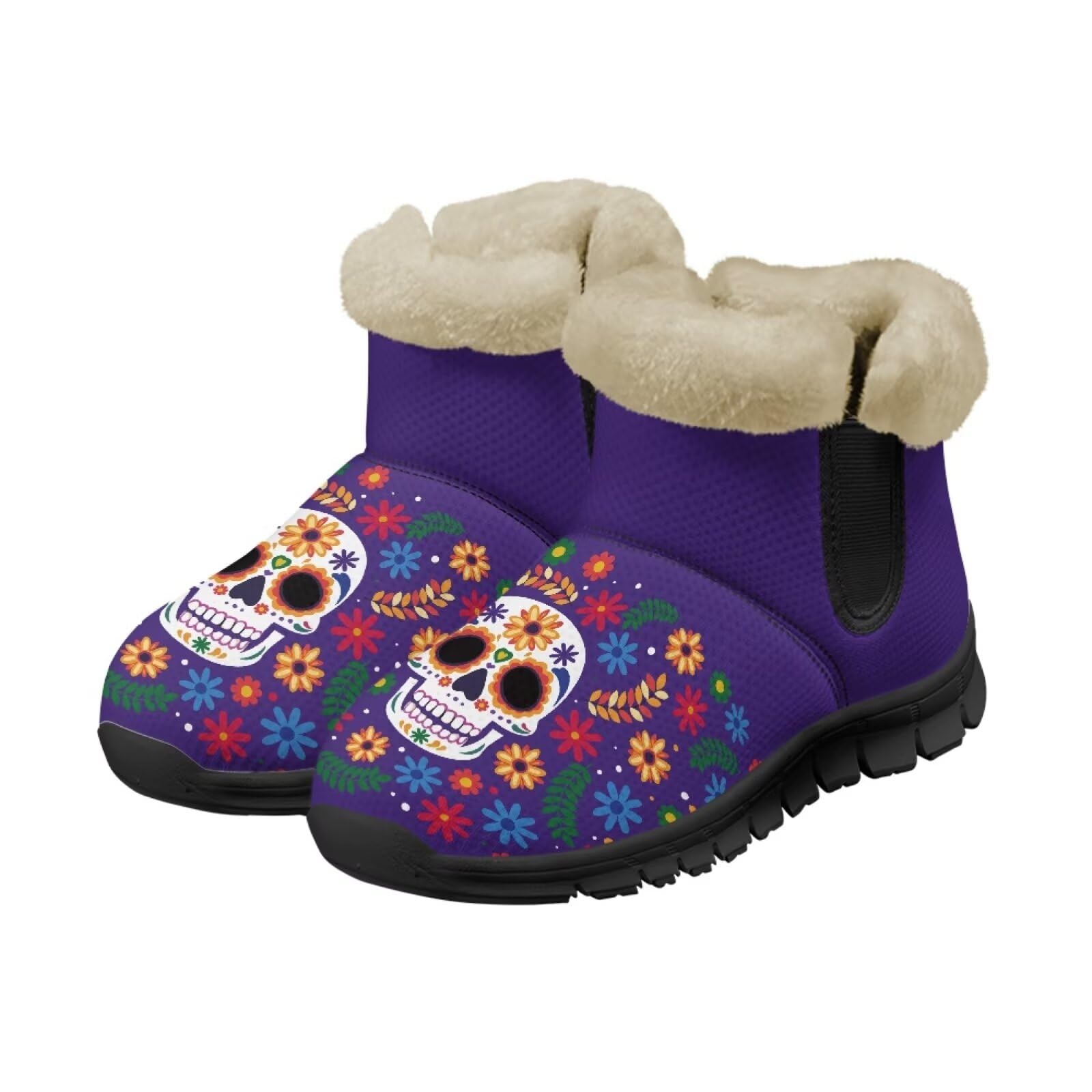 Sugar Skull Women's Snow Boots Flowers Fluffy Thickening Shoes Ladies Non Slip