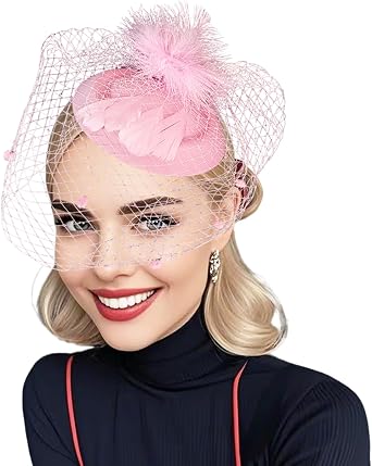 Fascinator Hats for Women Tea Party Veil Feather Fancy Pillbox Hat 20s 50s