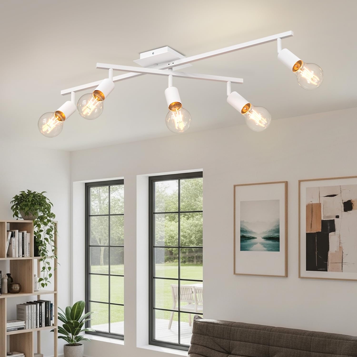 LVWIT Lámpara de Techo Blanco Orientable, Lampara Cocina Techo con 5 Focos E27, Moderno Plafones de Techo Ajustables y Giratorios, Plafón Foco de techo LED Para Salón, Dormitorios (Sin Bombilla)