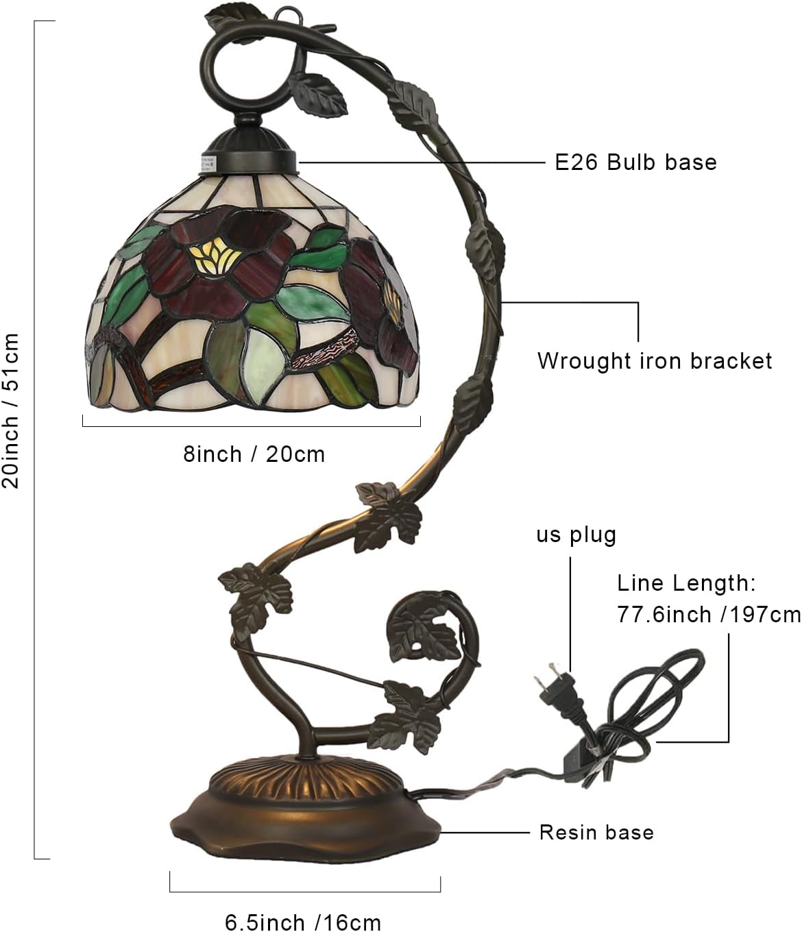 Tiffany Table Lamp, Crabapple Blossom Style Stained Glass Shade with Metal Vine Base, 8x10x20 Inch