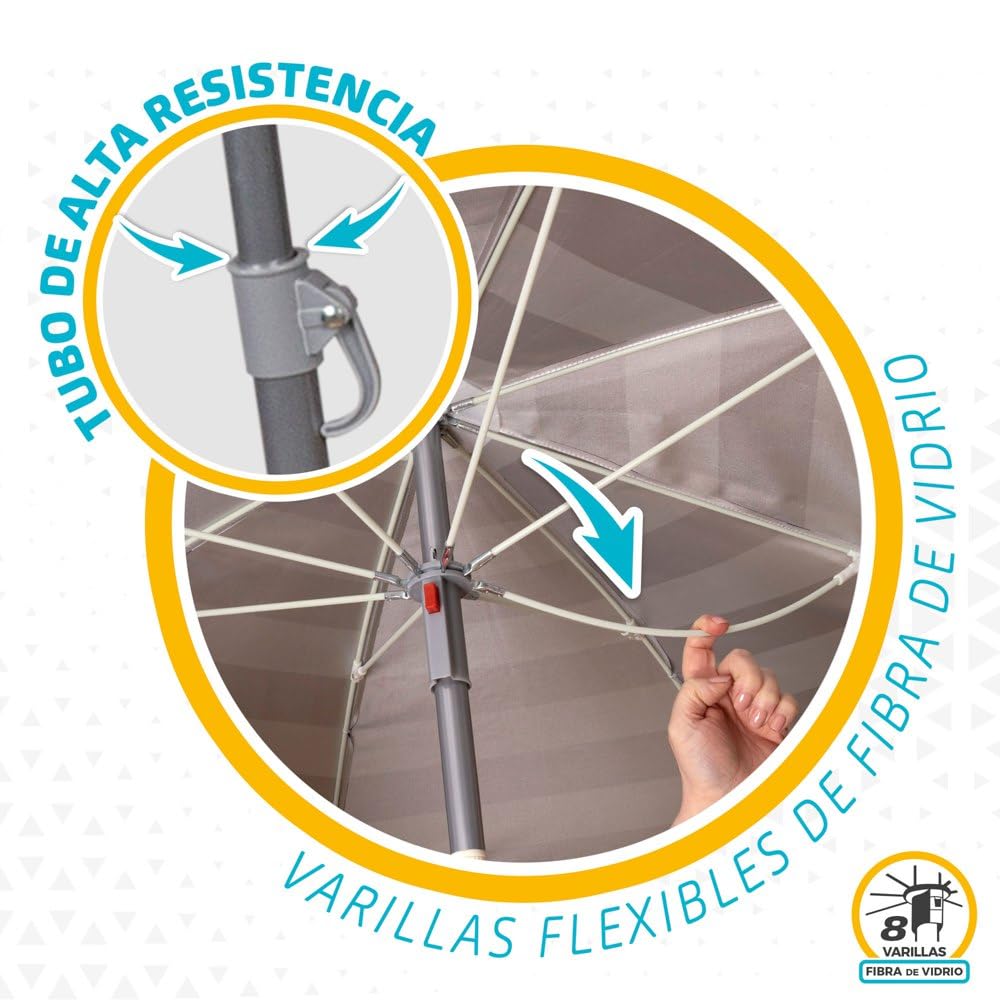 Aktive 62223 - Sombrilla de playa, Ø180 cm, con protección UV filtro 50, mástil Ø22-25 mm, incluye bolsa para transportarla, Sombrilla playa plegable, estampado a rayas marineras, Aktive Beach,