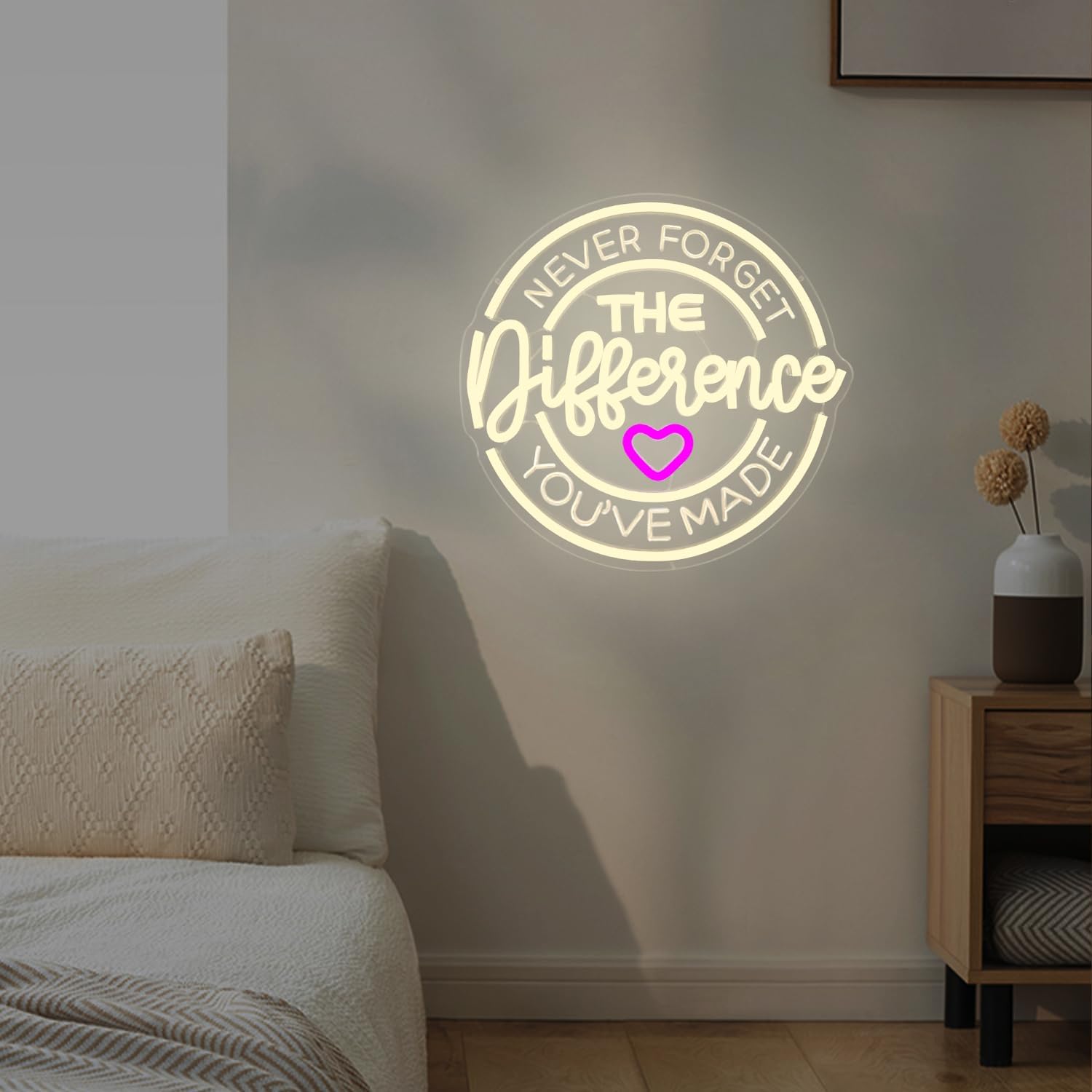 Never Forget The Difference You Make Neon Sign Cool Dimmable Led Letters Light Up Sign USB Powered Warm White Neon Light for Bedroom Study Room Bar Shop Man Cave