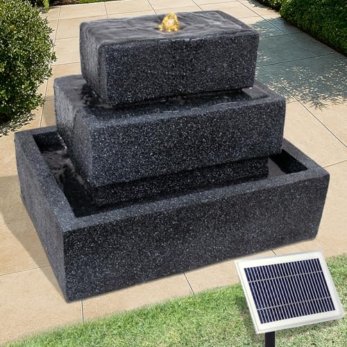 Fuente para jardín Fuente de Agua en Cascada de 3 Niveles Fuente Decorativa diseño Piedra para terraza, balcón, Jardin con iluminacion Solar Bomba y luz LED