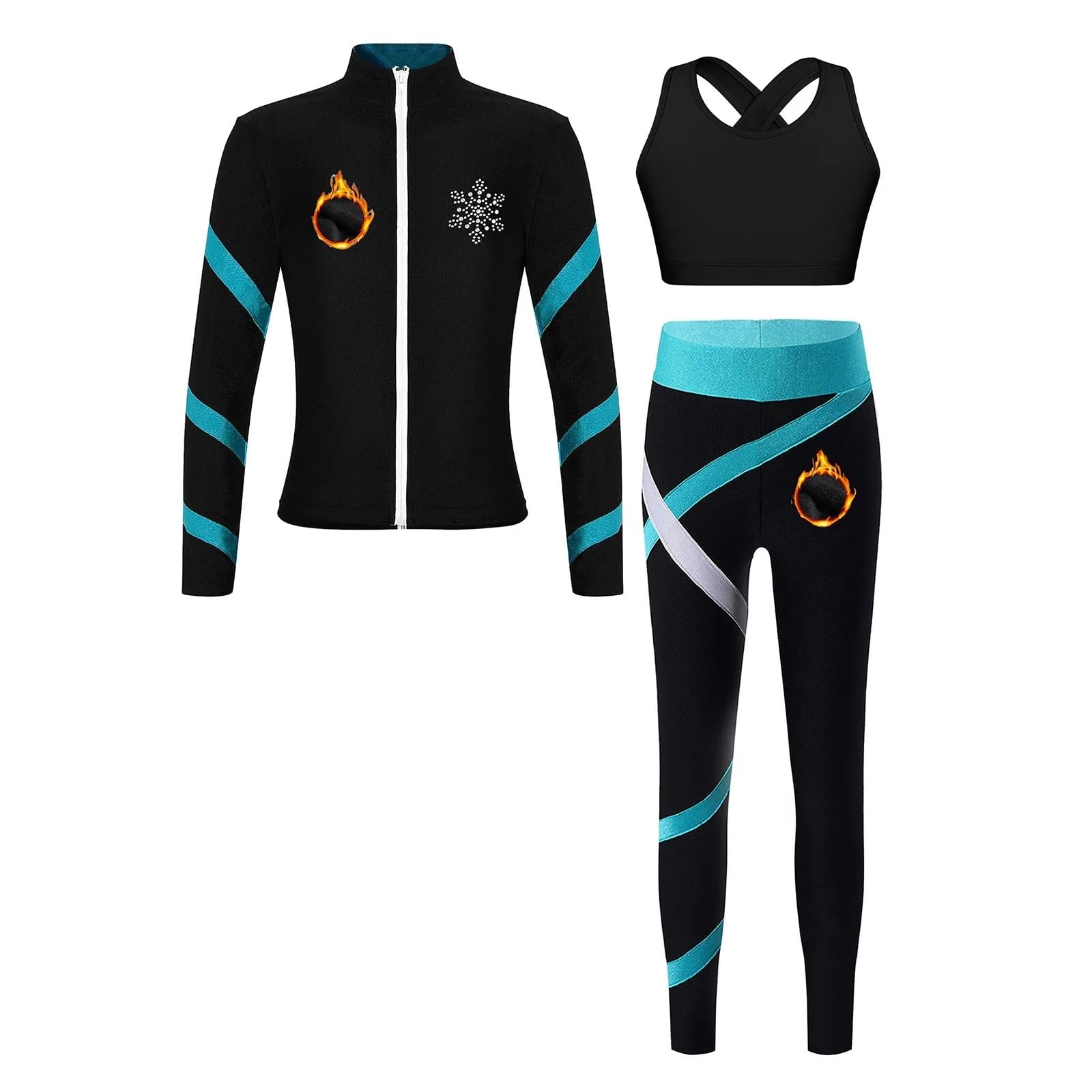 Abbigliamento Bambina Tuta sportiva da bambina for ginnastica, pattinaggio di figura, giacca a maniche lunghe con cerniera con gilet, leggings, allenamento, tuta fitness for yoga(Black Blue Green A,16