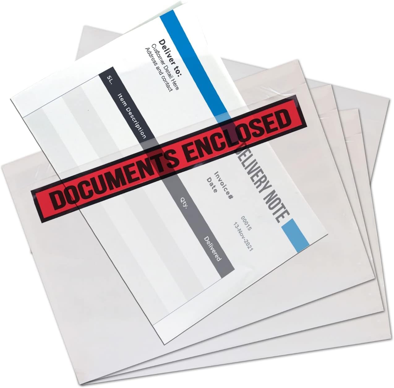 JeeJaan® 500 x A5 Printed Document Enclosed Wallets (225 x 165mm) - Strong Clear Plastic Shipping Pouches Peel and Seal - Document Wallet for Multiple Uses
