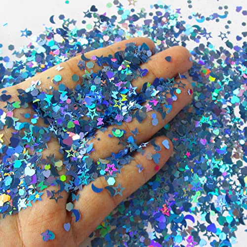 LoveOurHome 150g Chunky Body Glitter Holographic Blue Star Moon Heart Butterfly Glitters Flakes Sequins Accessories for Resin/Crafts/Nails/Makeup/Slime