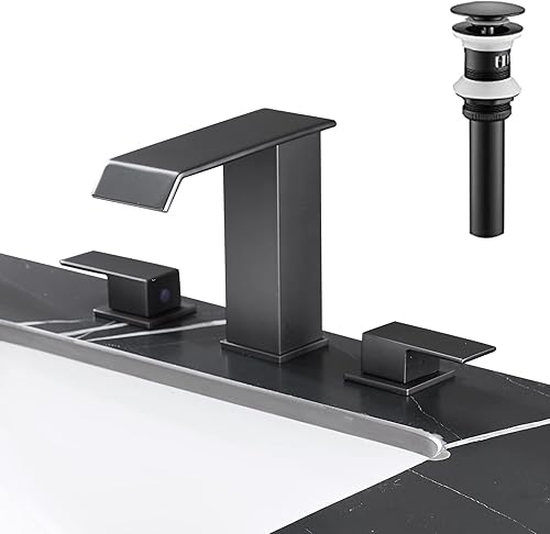 Grifo de lavabo de baño generalizado de 3 agujeros, dos asas, 8 pulgadas, grifo de lavabo de tocador negro, grifo de lavabo de baño con drenaje