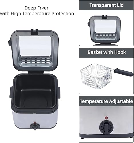 Vista 4 de Freidora con cesta 1000W 2.5L Mini freidora eléctrica con protección contra sobrecalentamiento, acero inoxidable para uso personal en casa
