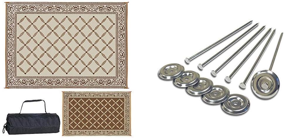 Reversible Mats Stylish Camping 119127 Outdoor Patio 9-Feet x 12-Feet, Brown/Beige RV Camping Mat + Prest-O-Fit 2-2001 Patio Rug Stakes - Pack of 6