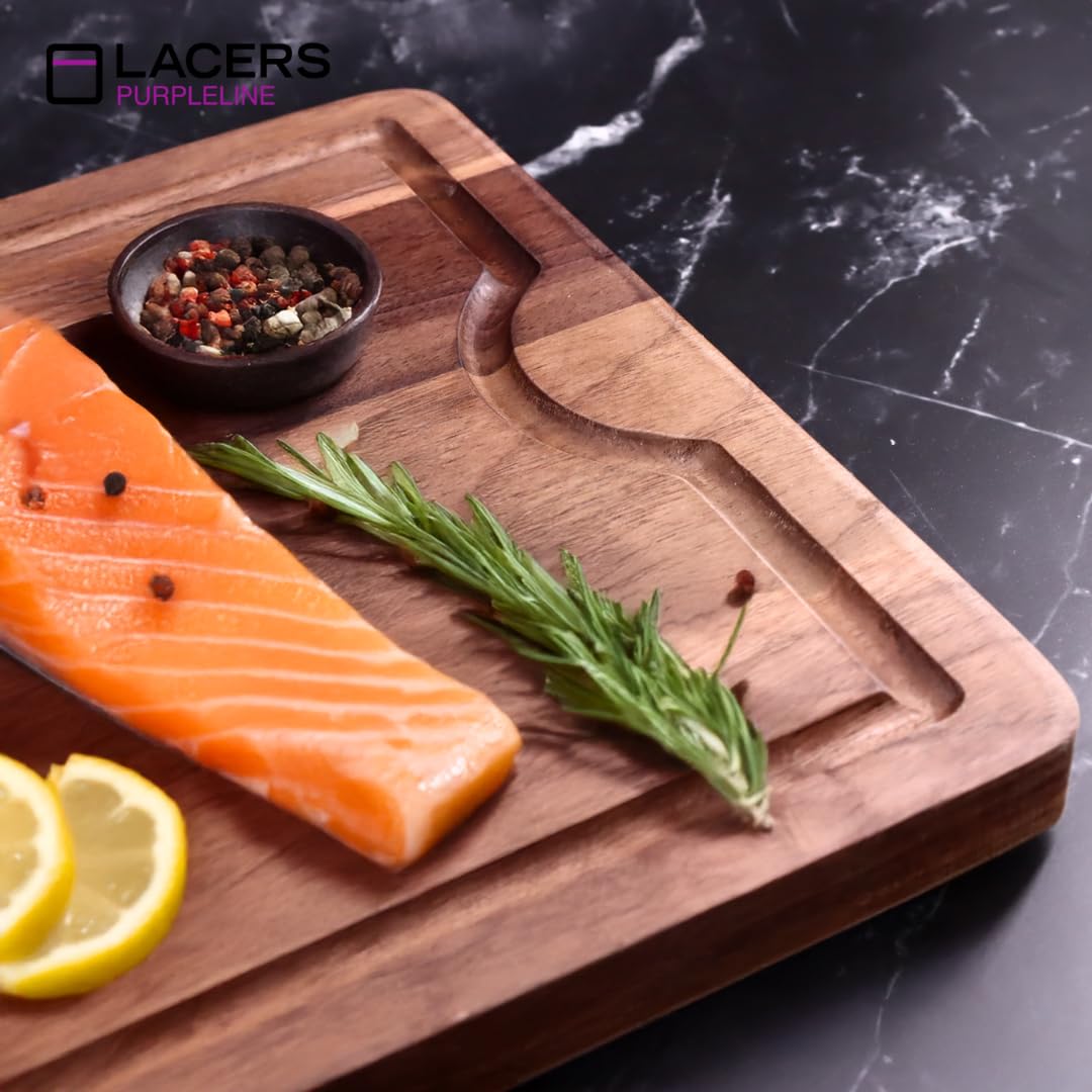 Lacers PurpleLine - Tagliere in legno di noce con scanalatura per succo, piedini antiscivolo e design elegante, per cucina, pane, carne e verdure, 385 x 255 x 20 mm
