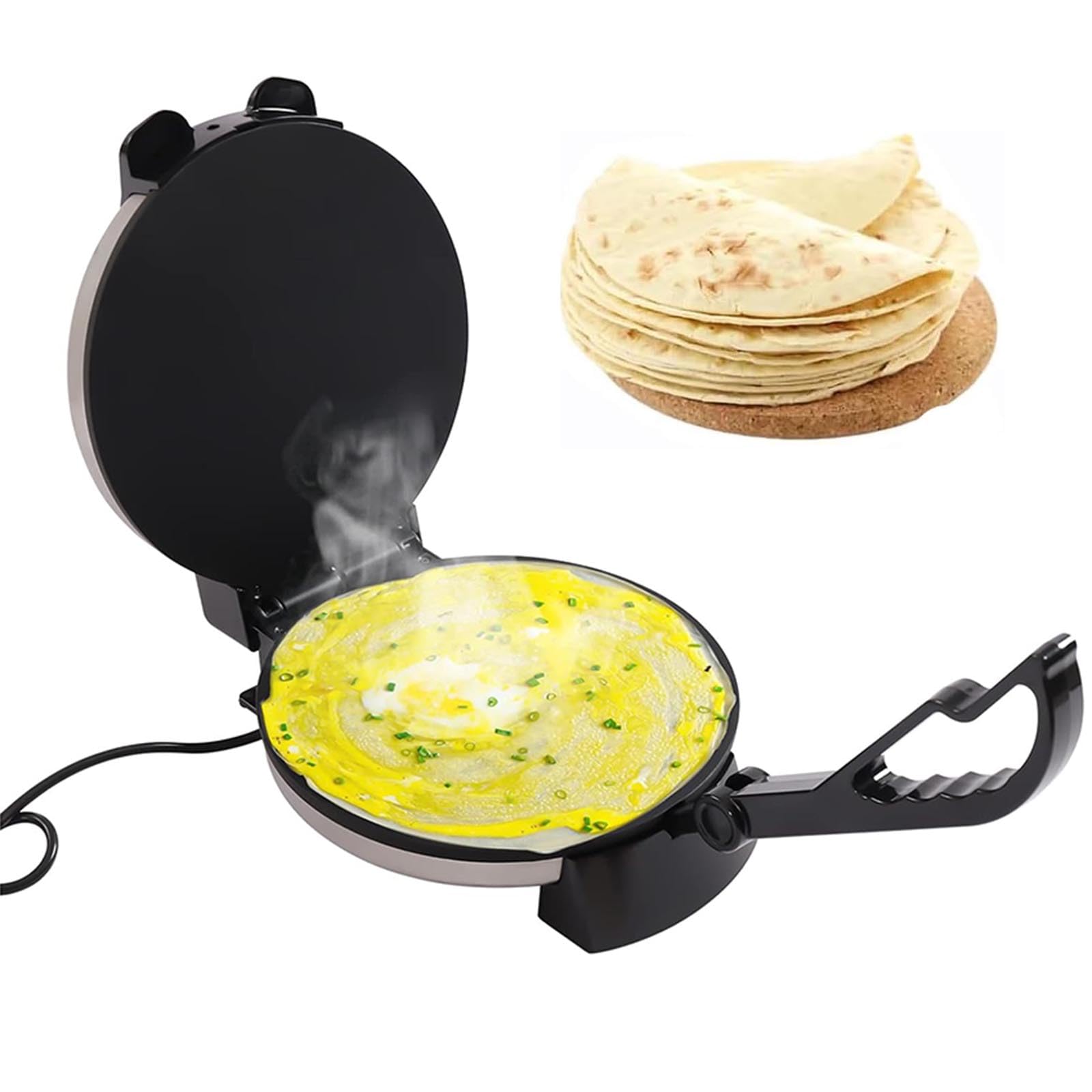 1200W Pressa Elettrica Chapati, Macchina Tortilla Antiaderente, Riscaldamento Bifacciale, Termostato Regolabile, Nero Pulito Facile