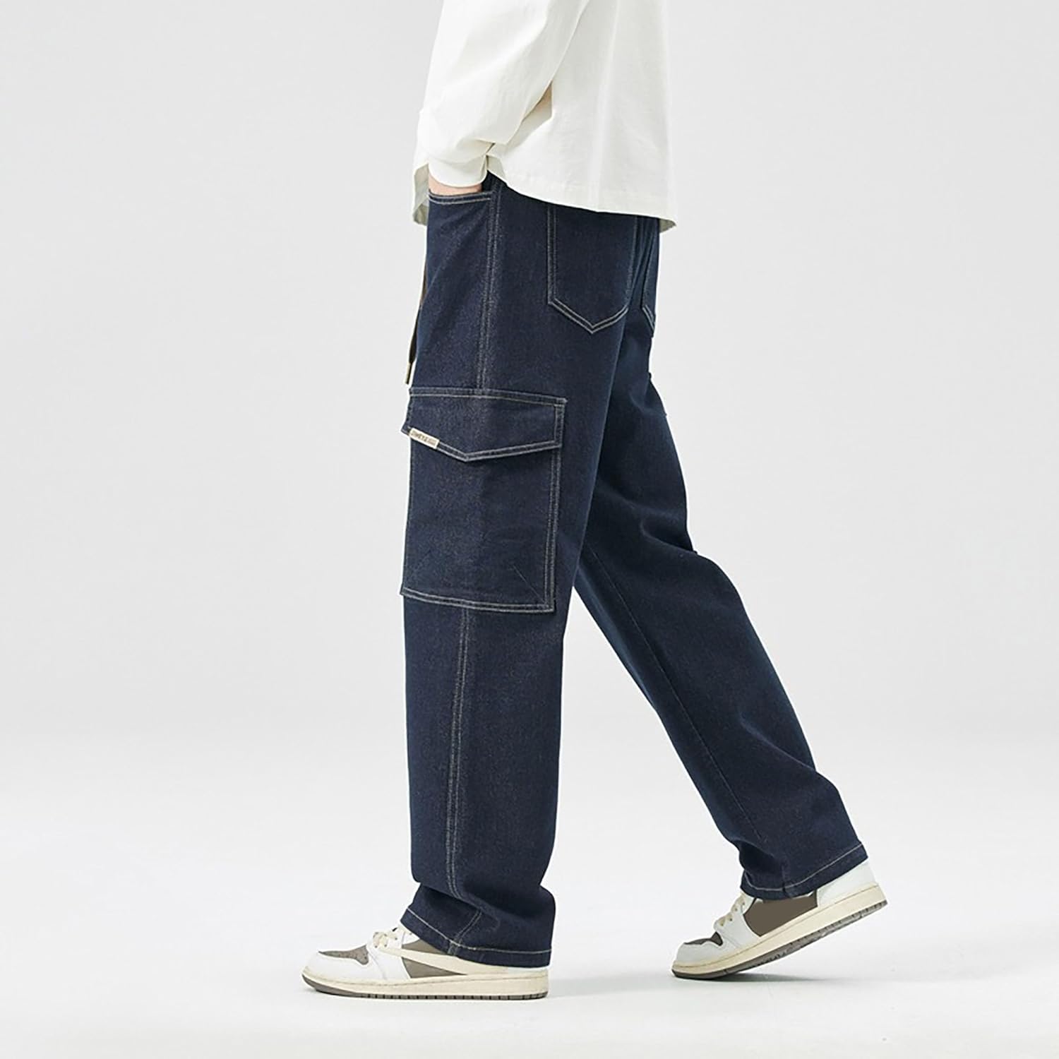 Men's Japanese Street Vintage Jeans Baggy Drawstring Cargo Pants Elastic Waist Pants Pants for Men Fashion(Black,L) - Image 6