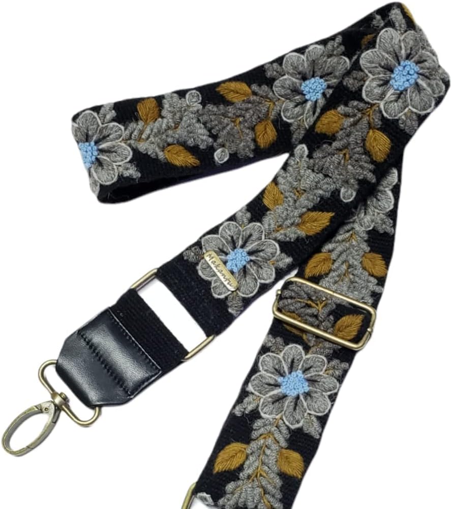 Embroidered bag strap, camera strap, adjustable bag, shoulder bag, peruvian handmade, black belt, gray flower, ethnic, boho, gift for her