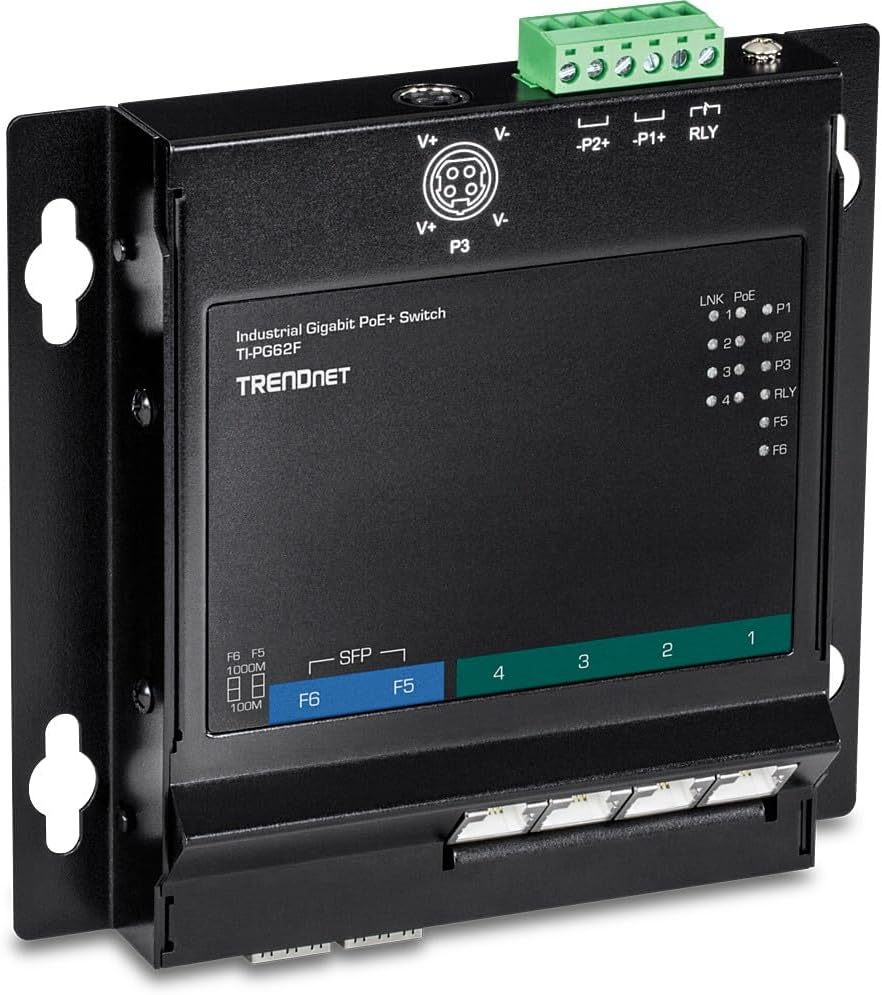 TRENDnet 6-Port Industrial Gigabit PoE+ Wall-Mounted Front Access Switch, TI-PG62F, 4 x Gigabit PoE+ Ports, 2 x Gigabit SFP Slots, DIN-Rail, Wall Mount Brackets Included, IP30, 120W PoE Budget