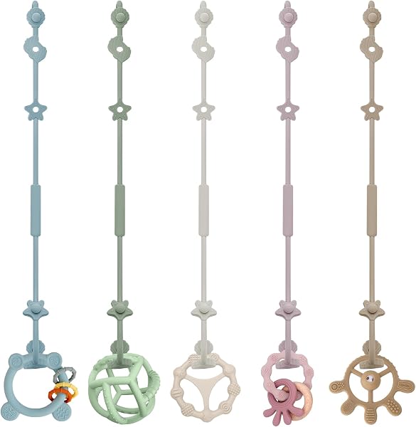 DOUUCO Lot de 5 attache-tétines en silicone avec clip réglable - Chaîne de poussette - Sans BPA - Accessoires de poussette, chaises hautes, biberons - 1