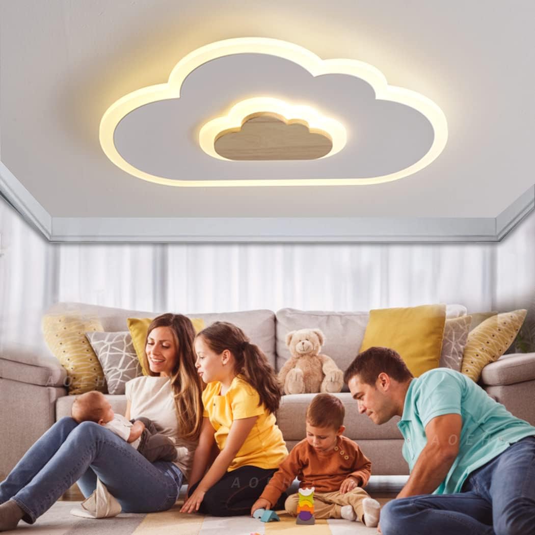 AOEH LED Cloud Lamp Dimmable Kindergarten Ceiling Light with Remote Control, White 26W Wood Children's Ceiling Light for Kids Room, Girls & Boy Bedroom, Nursery, 50cm