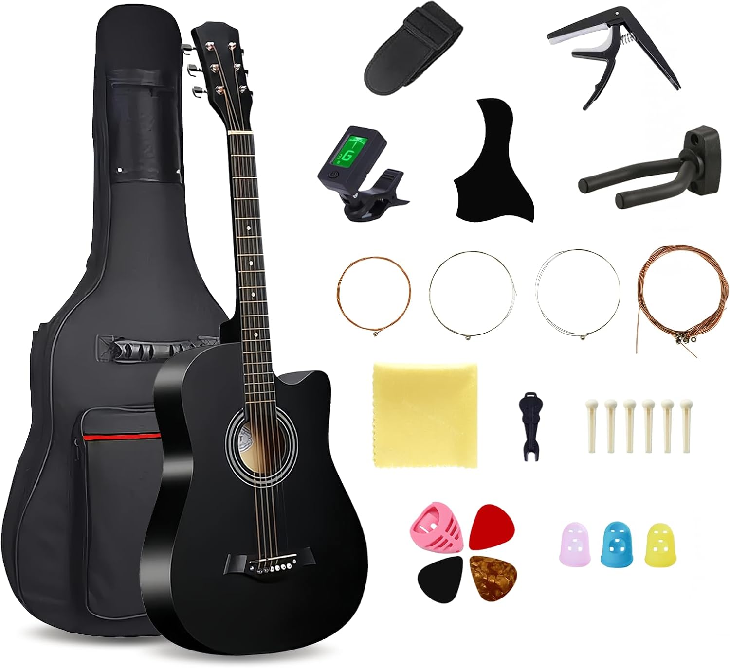 38'' Wood Acoustic Guitar, 6 Brass Acoustic Guitar Strings, Strap Buttons, Music Instrument With Guitar Bag and Beginner Kit for Beginner/Adult (Black)
