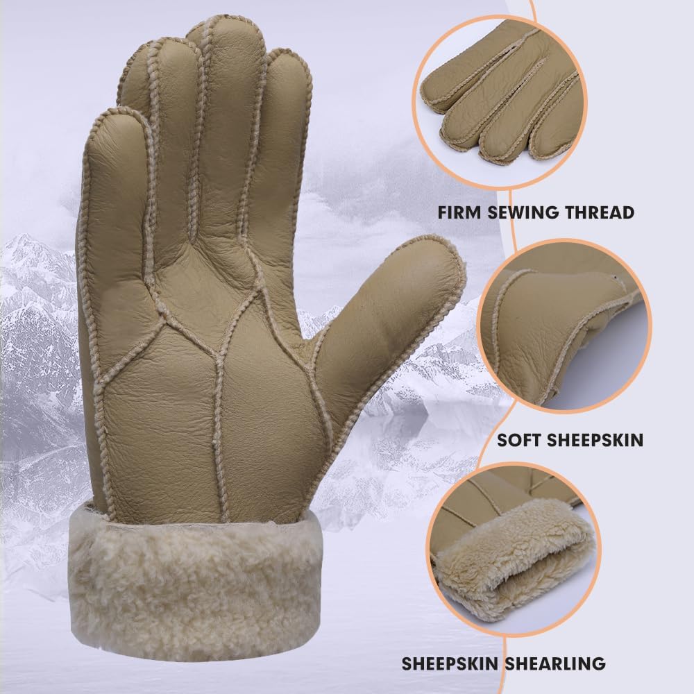 MGGMOKAY Women Leather Gloves Shearling Sheepskin Winter Warm Gloves Fur Lined - Image 2