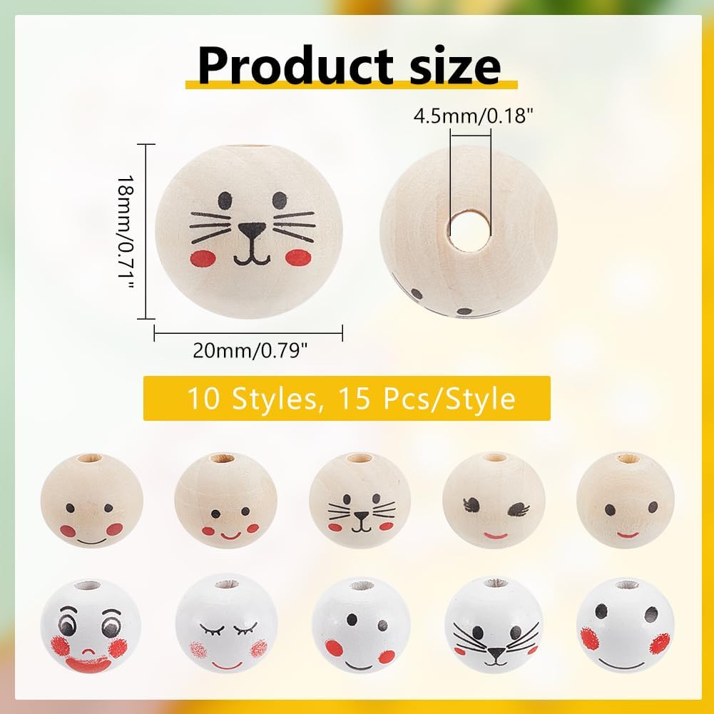 PH PandaHall 150pcs 20mm Smiling Face Wooden Beads - 10 Styles, Round Spacer Beads with 4.5mm Hole for Craft Jewelry Making, Bracelets & Christmas Tree Decor