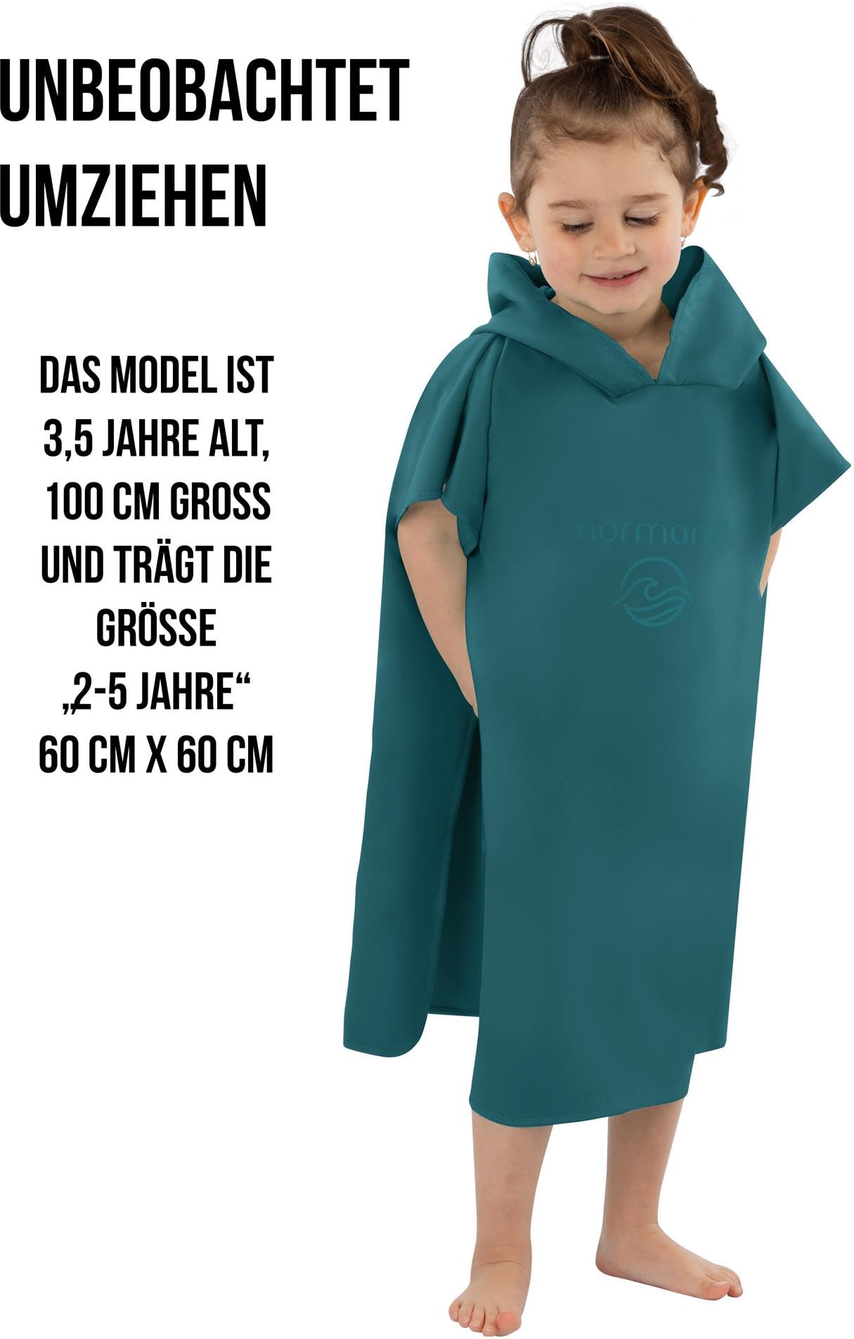 normani Kinder Mikrofaser Badehandtuch Strandtuch Badeponcho mit Kapuze aus 80% recyceltem Material für Jungen und Mädchen von 2-13 Jahren