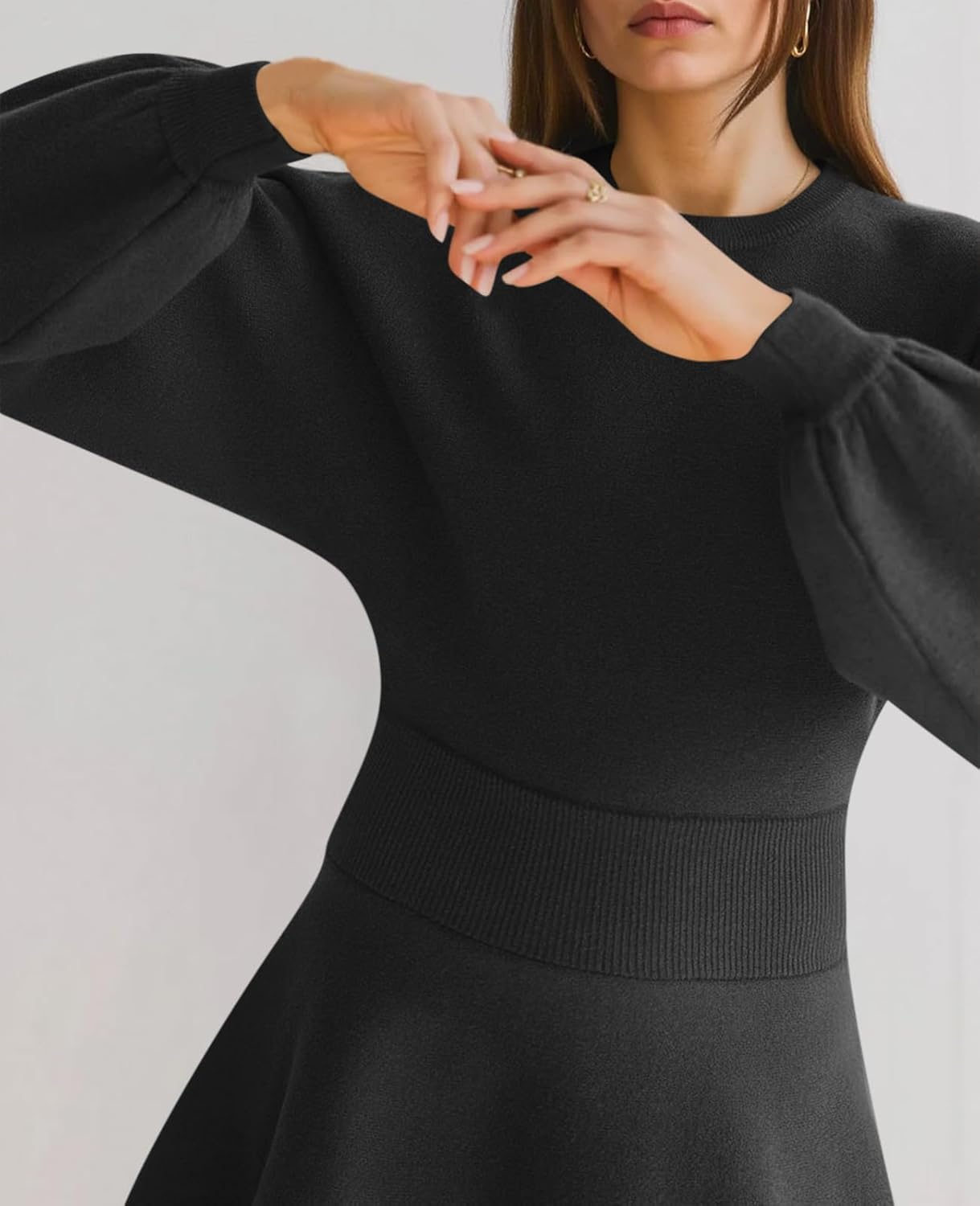 Cicy Bell Womens Puff Long Sleeve Sweater Dresses Casual Trendy A-Line Short Mini Dress Fall High Waisted Skater Dress - Image 2