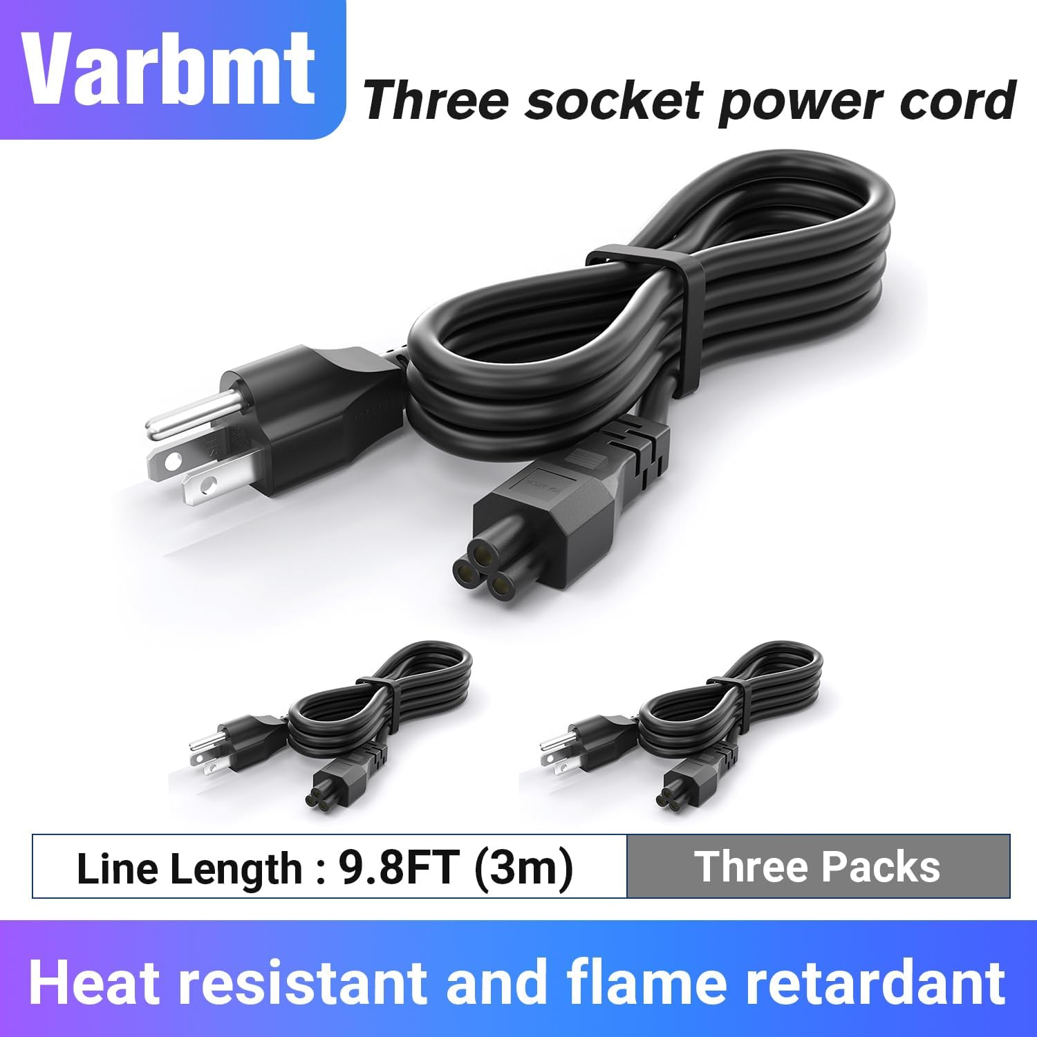(3 Pack) Varbmt 10FT Long Laptop Replacement Cord, 3 Prong Mickey Mous AC Power Cord Made for Dell, HP, Lenovo, Acer, Asus Notebook Computer Charger, LG LCD LED Smart TV, Epson Printer Power Cable 10 FT 3 Pack image 8 of 8 B0CKVBBWDH
