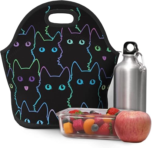 Miniatura 8 de Nerxy Bolsa de almuerzo de neopreno con aislamiento para gatos, bolsa pequeña para niños y adultos, bolsa térmica negra, contenedor reutilizable,