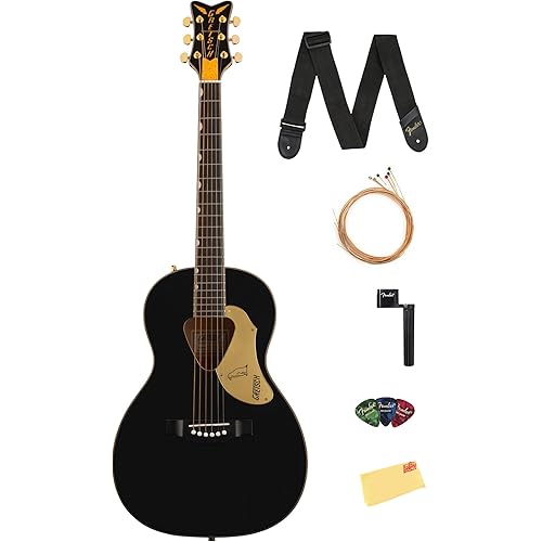 Gretsch G5021E Rancher Penguin Parlor Acoustic Electric Guitar - Black Bundle with Strings, Strap, Picks, String Winder, and Austin Bazaar Polishing Cloth