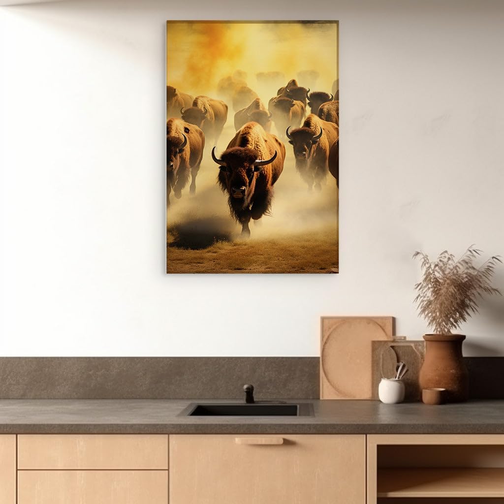 Canvas for Living room. Majestic American Bison: A Dusty March Across the Plains, 27 x 18 inch Canvas Wall Art - Ready to Hang - 69x46 cm (27x18 inch)