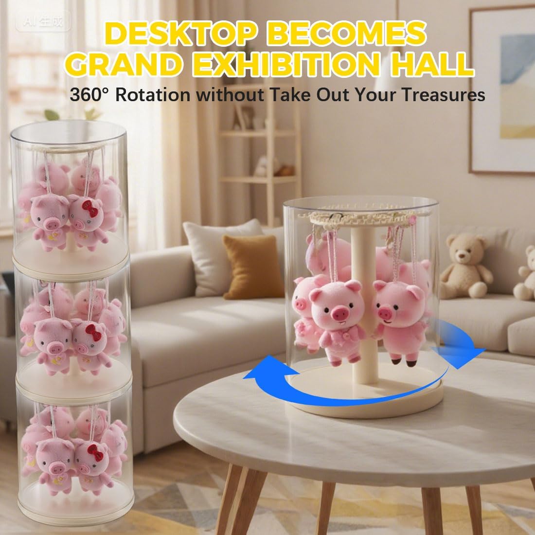360° Rotating Clear Display Case Box - Plush Doll Mini Figurine Collectibles Keychains - Stackable Transparent Acrylic Storage Organizer - Blind Box Showcase: 6 Hooks Rack & Removable Cover , NO Doll